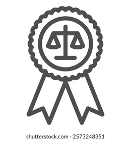 Award ribbon with libra scales line icon, jurisprudence concept. Vector graphics. Justice winner with weight scales sign on white background, outline style icon for mobile or web design