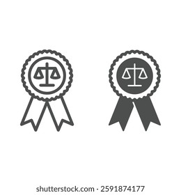 Award ribbon with libra scales line and solid icon, jurisprudence concept. Vector graphics. Justice winner with weight scales sign on white background, outline style icon for mobile or web design