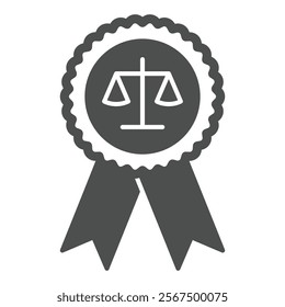 Award ribbon with libra scales solid icon, jurisprudence concept. Vector graphics. Justice winner with weight scales sign on white background, glyph style icon for mobile or web design