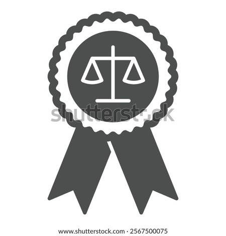 Award ribbon with libra scales solid icon, jurisprudence concept. Vector graphics. Justice winner with weight scales sign on white background, glyph style icon for mobile or web design