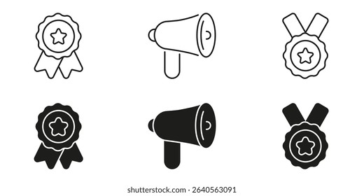 Award Ribbon, Megaphone, And Medal Icon Set. Recognition, Communication, And Achievement Symbol Collection. Celebratory And Announcement Elements. Isolated Vector Illustration.