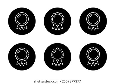 Award ribbon outline icon set collection on black circle. Medal badge line sign symbol
