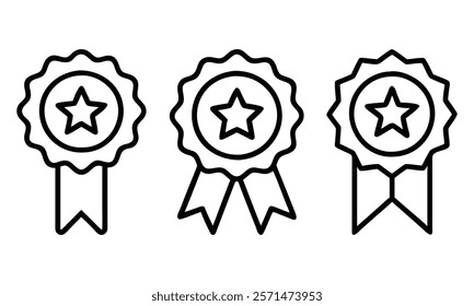 Award ribbon outline icon set, A collection of three black outline award ribbon icons featuring stars, representing achievement, recognition, and excellence in a minimal design. 
