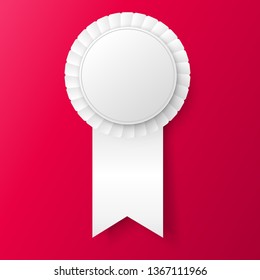 Award ribbon rosettes hanging white stickers. Transparent shadows. Vector illustration for your design
