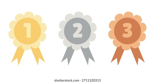 Faixa de opções do prêmio, primeiro, segundo e terceiro. Ilustração de fitas de prêmio, ícones de medalha. Trio de emblemas da concorrência, vetor de prêmios