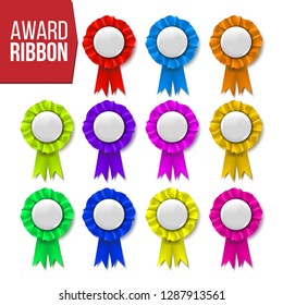 Award Ribbon Set Vector. Certificate Banner. Celebration Tag. Advertising Event. Best Trophy. Luxury Product. Object Template. Reward Rosette. Sign. Quality Background. 3D Realistic Illustration