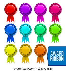 Award Ribbon Set Vector. Winner Badge. Ceremony Design. Poster, Card, Flyer. Champion Medal. Honor Icon. Retro Element. Success Emblem. Promotion Brochure. Pesentation Win.3D Realistic Illustration