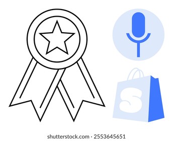 Award ribbon with star, blue microphone icon, and shopping bag symbol with S letter. Ideal for achievements, podcasts, e-commerce, branding, and vector graphics. Simple, minimal, clean style