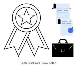Award ribbon with star checklist document with tick mark, and briefcase. Ideal for business, accomplishments, certifications, contracts, professionalism. Simple, clean, modern style