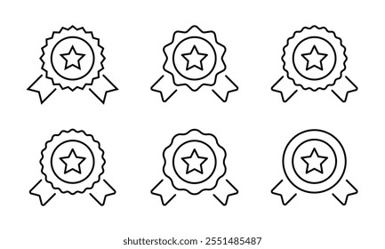 Award ribbon star outline icon set collection. Medal badge sign symbol. Editable stroke