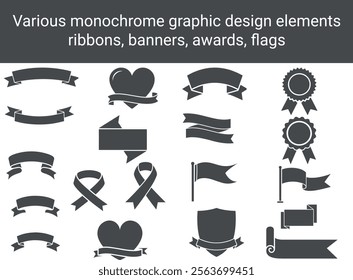 Award Ribbons Banners Flags Heart Shapes Design Elements Set. Vector illustration