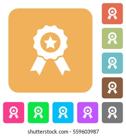 Award with ribbons flat icons on rounded square vivid color backgrounds.