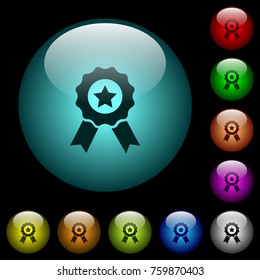 Award with ribbons icons in color illuminated spherical glass buttons on black background. Can be used to black or dark templates