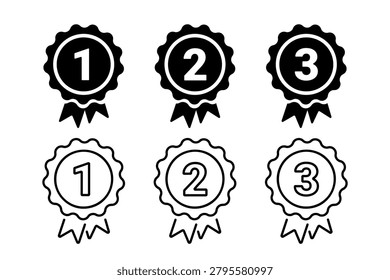 award ribbons icons with numbers one two and three, 1st, 2nd and 3rd place, first, second and third winner sign, black vector symbol set