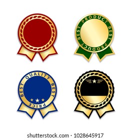Award ribbons isolated set. Gold green design medal, label, badge, certificate. Symbol best sale, price, quality, guarantee or success, achievement. Golden ribbon award decoration Vector illustration