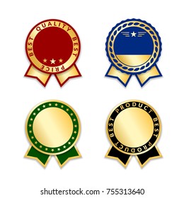 Award ribbons isolated set. Gold design medal, label, badge, certificate. Symbol best sale, price, quality, guarantee or success, achievement. Golden ribbon award decoration Vector illustration