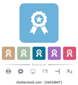 Award with ribbons white flat icons on color rounded square backgrounds. 6 bonus icons included