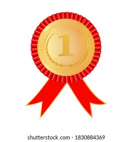 Award rosette 1 place gold and red color with ribbon.First place. Symbol of winner celebration, best champion achievement. Glossy golden seal. Stock vector illustration on white isolated background.