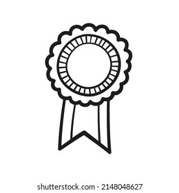 Award Rosette Doodle Icon. Hand Drawn Medal With First Place As Winner Concept. Vector Sketch Illustration On White Background.