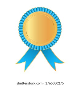 Award rosette gold and blue color with ribbon. Symbol of winner celebration, best champion achievement. Blank rosette element. Stock vector illustration on white isolated background.
