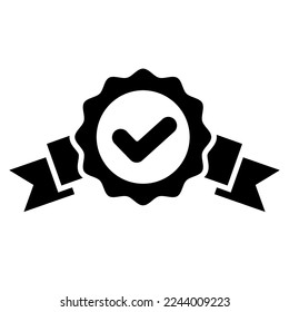 Award rosette icon in flat. Approved symbol with check on white background. Simple certified medal with ribbon sign. Abstract icon in black. Vector illustration for graphic design, Web, UI, mobile app