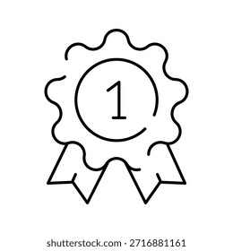 Icono de roseta de premio con el número uno en el centro que indica el primer lugar, el ganador o el mejor ranking, Vector de contorno simple en blanco y negro ideal para Web, interfaz de usuario, impresión y gráficos de competencia