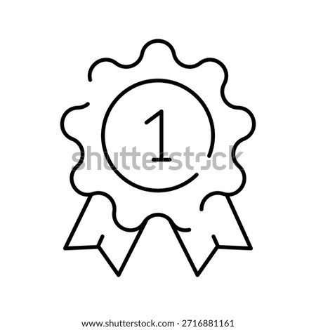 Award rosette icon with number one in center indicating first place, winner or top ranking, simple black and white outline vector ideal for web, ui, print and competition graphics