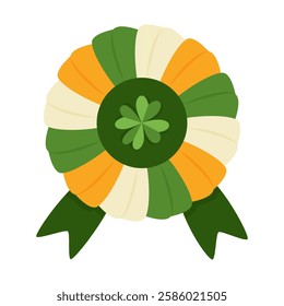 Award rosette, insignia with trefoil, symbol of good luck, traditional element of St. Potrick's day. Vector on white background.