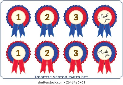 Award rosette vector set with 1st, 2nd, 3rd place and thank you message ribbons in red and blue colors, isolated icons