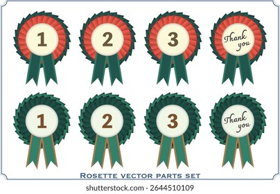 Award rosette vector set with 1st, 2nd, 3rd place and Thank You text – red and green color variations, isolated flat icons for ranking, appreciation, and celebration