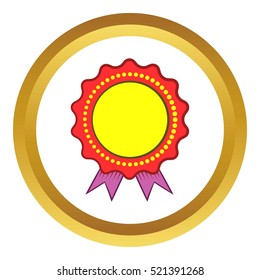 Award rosette with violet ribbon vector icon in golden circle, cartoon style isolated on white background