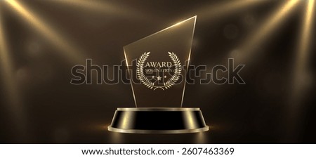 Award round podium with glass trophy with laurel wreath on dark background. Symbol of victory, achievement, success, rewarding of winner. Vector illustration