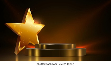 Award round podium with golden star on dark background. Vector golden symbol of victory, achievement, success, rewarding of winner. Vector illustration