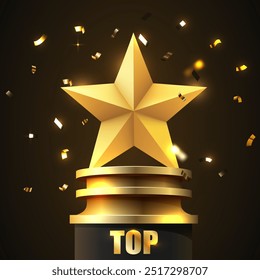 Award round podium with golden star on dark background. Vector golden symbol of victory, achievement, success, rewarding of winner. Vector illustration