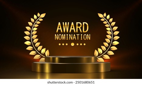 Award round podium with laurel wreath on dark background. Vector golden symbol of victory, achievement, success, rewarding of winner. Vector illustration