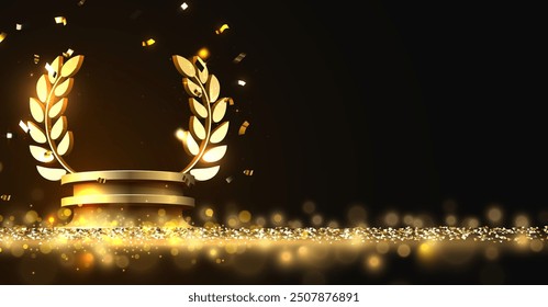 Award round podium with laurel wreath on dark background. Vector golden symbol of victory, achievement, success, rewarding of winner. Vector illustration