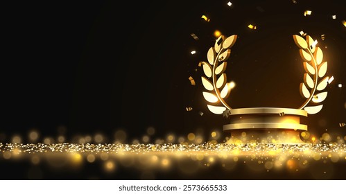 Award round podium with laurel wreath on dark background. Vector golden symbol of victory, achievement, success, rewarding of winner. Vector illustration