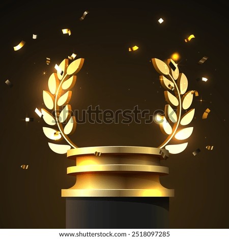 Award round podium with laurel wreath on dark background. Vector golden symbol of victory, achievement, success, rewarding of winner. Vector illustration