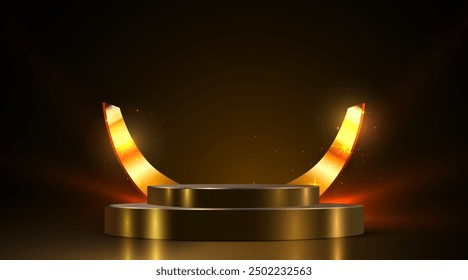 Award round podium on dark background. Vector golden symbol of victory, achievement, success, rewarding of winner. Vector illustration