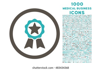 Award rounded vector bicolor icon with 1000 medical business icons. Set style is flat pictograms, grey and cyan colors, white background.