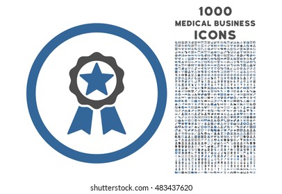 Award rounded vector bicolor icon with 1000 medical business icons. Set style is flat pictograms, cobalt and gray colors, white background.