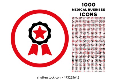 Award rounded vector bicolor icon with 1000 medical business icons. Set style is flat pictograms, intensive red and black colors, white background.