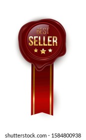 Award seal 3d realistic vector color illustration. Reward. Best seller seal with stars. Certified product. Quality badge, emblem with red ribbon. Winner trophy. Isolated design element