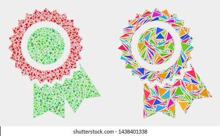 Award seal collage icon of triangle items which have various sizes and shapes and colors. Geometric abstract vector design concept of award seal.