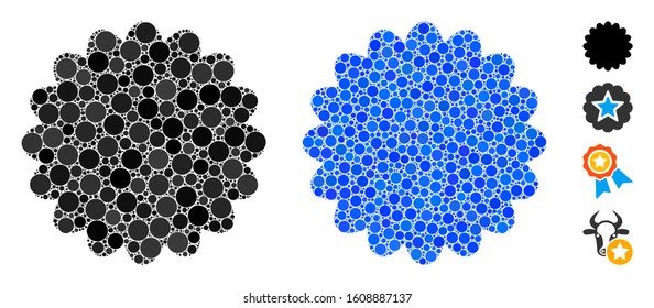 Award seal composition of spheric dots in various sizes and color hues, based on award seal icon. Vector dots are organized into blue composition. Dotted award seal icon in usual and blue versions.