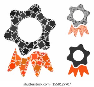 Award seal composition of tremulant elements in different sizes and color tinges, based on award seal icon. Vector inequal elements are grouped into collage.