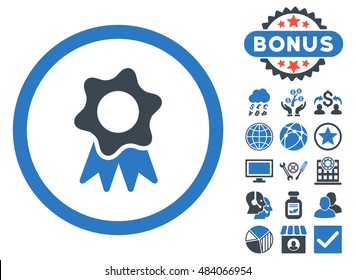 Award Seal icon with bonus design elements. Vector illustration style is flat iconic bicolor symbols, smooth blue colors, white background.