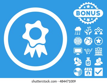 Award Seal icon with bonus elements. Vector illustration style is flat iconic symbols, white color, blue background.
