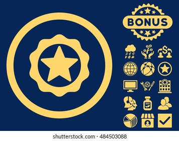 Award Seal icon with bonus elements. Vector illustration style is flat iconic symbols, yellow color, blue background.
