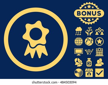 Award Seal icon with bonus elements. Vector illustration style is flat iconic symbols, yellow color, blue background.